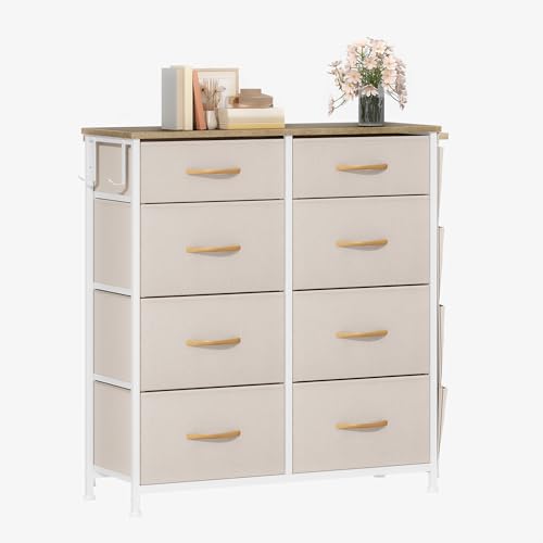 TAUS Kommode mit 8 Schubladen, Stoffschubladen mit leichtgängigen Griffen, mit Haken, Seitentaschen, Holzplatte, stabilem Stahlgestell für Wohnzimmer, Schlafzimmer, beige von TAUS