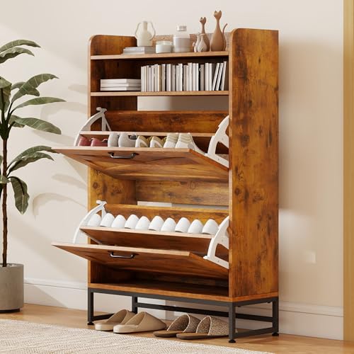 TAUS Schuhschrank schmal, Schuhkipper mit 2 Flip-Schubladen,Schuhregal schmal mit Metallfüßen für den Eingang, Flur, Wohnzimmer oder Veranda, 64x24x113cm von TAUS
