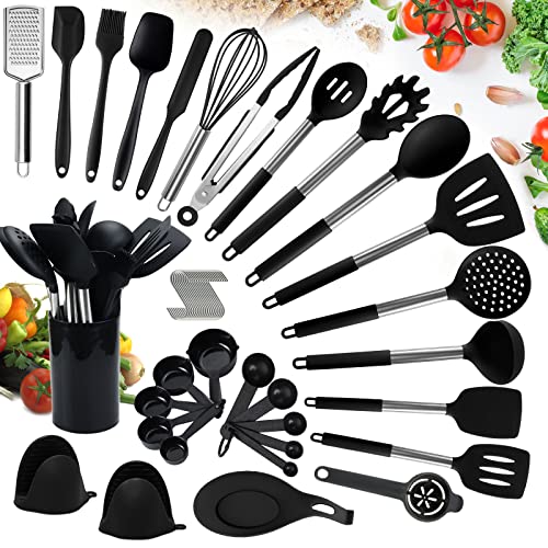 TAVADA Küchenhelfer Set,49-teiliges Silikon Kochgeschirr Set,Silikon Kochutensilien Kochbesteck Set,Hitzebeständiger Kochgeschirr mit Utensilienhalter,Kochzubehör, Haushaltshelfer Set,Schwarz von TAVADA