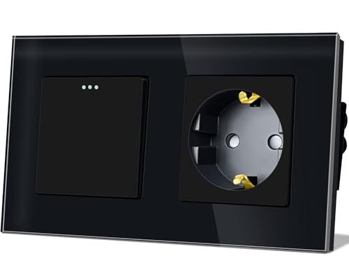 TAWOIA Lichtschalter mit Steckdose 1 Fach 1 Weg Glas Platte Unterputz Taste Schalter mit Schuko Steckdose 16 Amp 86 * 157mm Schwarz Wechselschalter von TAWOIA