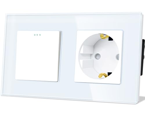 TAWOIA Lichtschalter mit Steckdose 1 Fach 1 Weg Glas Platte Unterputz Taste Schalter mit Schuko Steckdose 16 Amp 86 * 157mm Weiß Wechselschalter von TAWOIA