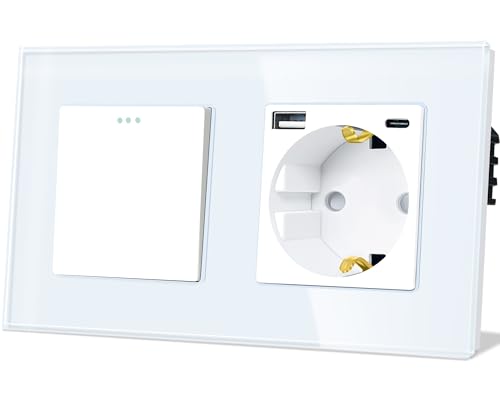 TAWOIA Lichtschalter mit Steckdose 1 Fach 1 Weg Glas Platte Unterputz Taste Schalter mit Schuko Steckdose mit（MAX.20W) USB and Type C Weiß 86 * 157mm Wechselschalter von TAWOIA