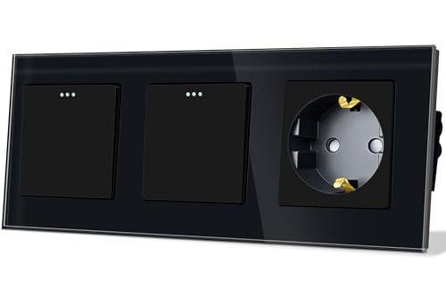 TAWOIA Lichtschalter mit Steckdose 1 Fach 1 Weg mit 1 Fach 1 Weg Glas Platte Unterputz Taste Schalter mit Schuko Steckdose 86 * 228mm Schwarz Wechselschalter von TAWOIA