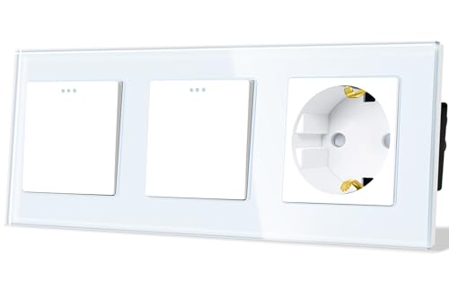 TAWOIA Lichtschalter mit Steckdose 1 Fach 1 Weg mit 1 Fach 1 Weg Glas Platte Unterputz Taste Schalter mit Schuko Steckdose 86 * 228mm Weiß Wechselschalter von TAWOIA
