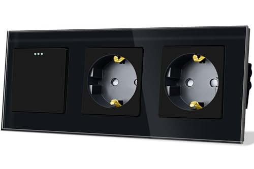 TAWOIA Lichtschalter mit Steckdose 1 Fach 1 Weg mit 2 Fach Steckdose Glas Platte Unterputz Taste Schalter mit Schuko Steckdose 86 * 228mm Schwarz Wechselschalter von TAWOIA
