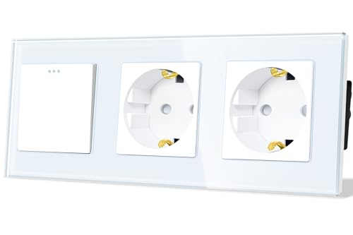 TAWOIA Lichtschalter mit Steckdose 1 Fach 1 Weg mit 2 Fach Steckdose Glas Platte Unterputz Taste Schalter mit Schuko Steckdose 86 * 228mm Weiß Wechselschalter von TAWOIA