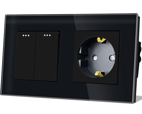 TAWOIA Lichtschalter mit Steckdose 2 Fach 1 Weg Glas Platte Unterputz Taste Schalter mit Schuko Steckdose 16 Amp 86 * 157mm Schwarz Wechselschalter von TAWOIA