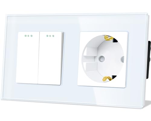 TAWOIA Lichtschalter mit Steckdose 2 Fach 1 Weg Glas Platte Unterputz Taste Schalter mit Schuko Steckdose 16 Amp 86 * 157mm Weiß Wechselschalter von TAWOIA