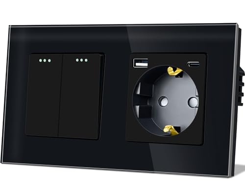 TAWOIA Lichtschalter mit Steckdose 2 Fach 1 Weg Glas Platte Unterputz Taste Schalter mit Schuko Steckdose mit（MAX.20W) USB and Type C Schwarz 86 * 157mm Wechselschalter von TAWOIA