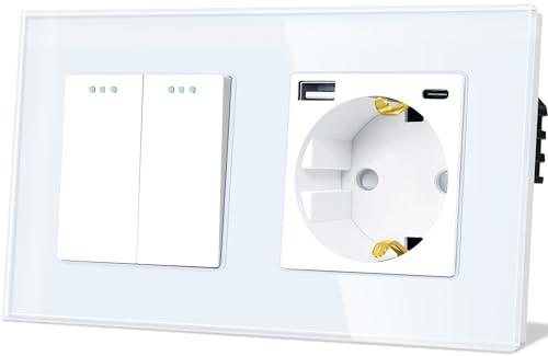 TAWOIA Lichtschalter mit Steckdose 2 Fach 1 Weg Glas Platte Unterputz Taste Schalter mit Schuko Steckdose mit（MAX.20W) USB and Type C Weiß 86 * 157mm Wechselschalter von TAWOIA