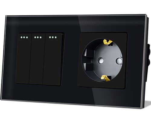 TAWOIA Lichtschalter mit Steckdose 3 Fach 1 Weg Glas Platte Unterputz Taste Schalter mit Schuko Steckdose 16 Amp 86 * 157mm Schwarz Wechselschalter von TAWOIA