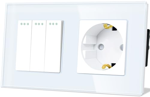 TAWOIA Lichtschalter mit Steckdose 3 Fach 1 Weg Glas Platte Unterputz Taste Schalter mit Schuko Steckdose 16 Amp 86 * 157mm Weiß Wechselschalter von TAWOIA