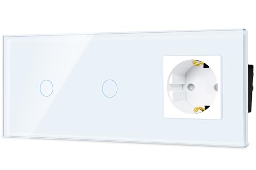 TAWOIA Normaler Lichtschalter mit Steckdose, EU Standard 1 Fach Steckdose mit Doppelt Touch Lichtschalter 1 Fach 1 Wege Unterputz Lichtschalter Glasscheibe Berührungs Lichtschalter 86 * 228mm Weiß von TAWOIA
