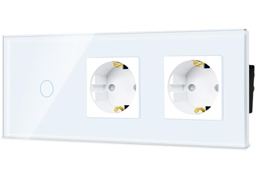 TAWOIA Normaler Lichtschalter mit Steckdose,EU Standard 2 Fach Steckdose 1 Fach 1 Wege Unterputz Lichtschalter Glasscheibe Berührungs Lichtschalter 86 * 228mm Weiß von TAWOIA