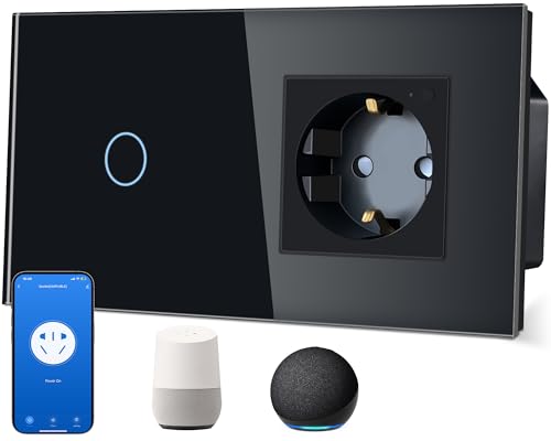 TAWOIA Smart Lichtschalter 1 Fach 1 Weg mit Wlan Steckdose,1 Fach,16A,APP-Steuerung,Arbeit mit Alexa/Google Home,Glasrahmen,86 * 157mm,Schwarz,Wlan Nur 2.4 GHz von TAWOIA