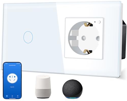 TAWOIA Smart Lichtschalter 1 Fach 1 Weg mit Wlan Steckdose,1 Fach,16A,APP-Steuerung,Arbeit mit Alexa/Google Home,Glasrahmen,86 * 157mm,Weiß,Wlan Nur 2.4 GHz von TAWOIA