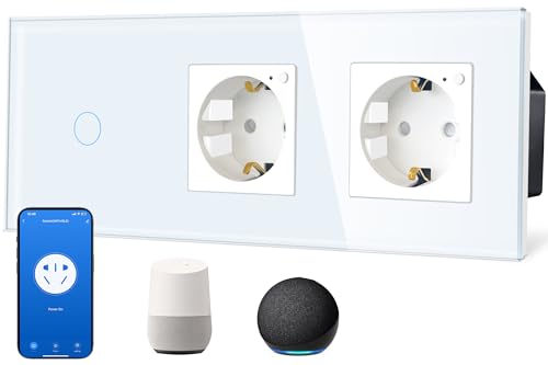 TAWOIA Smart Lichtschalter 1 Fach 1 Weg mit Wlan Steckdose,2 Fach,16A,APP-Steuerung,Arbeit mit Alexa/Google Home,Glasrahmen,86 * 157mm,Weiß,Wlan Nur 2.4 GHz von TAWOIA