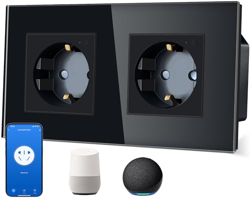 TAWOIA Schuko,Smart Steckdose,2 Fach,16A,APP-Steuerung,Arbeit mit Alexa/Google Home,Glasrahmen,86 * 86mm,Schwarz,Wlan Nur 2.4 GHz von TAWOIA