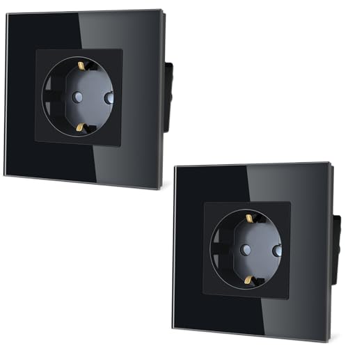 TAWOIA Schuko Steckdose,EU-Standard 1 Fach Steckdose Glas Unterputz Steckdose,Steckdosen mit Kristall Glas Platte Wandsteckdosen Schwarz 86 * 86mm 2er-Pack von TAWOIA
