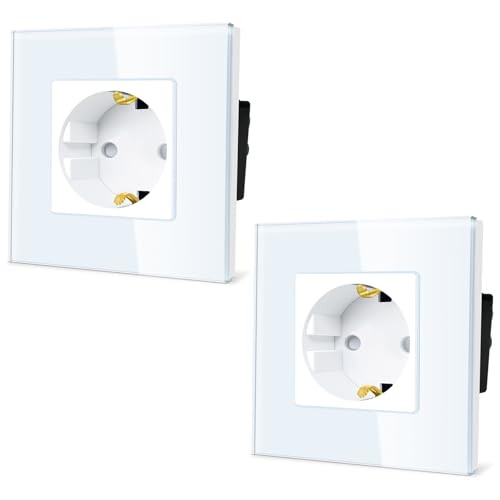 TAWOIA Schuko Steckdose,EU-Standard 1 Fach Steckdose Glas Unterputz Steckdose,Steckdosen mit Kristall Glas Platte Wandsteckdosen Weiß 86 * 86mm 2er-Pack von TAWOIA