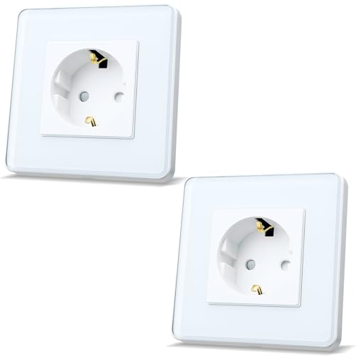 TAWOIA Schuko Steckdose, EU-Standard 1 Fach Unterputz Mit 2,5D Curved Glas Platte, Wandsteckdosen Weiß 86 * 86mm 2er-Pack von TAWOIA