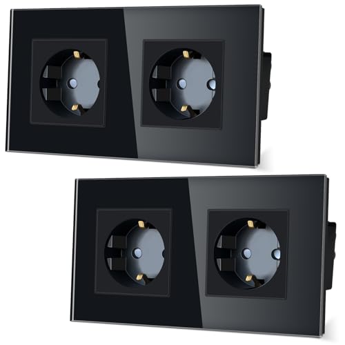 TAWOIA Schuko Steckdose,EU-Standard 2 Fach Steckdose Glas Unterputz Steckdose,Steckdosen mit Kristall Glas Platte Doppel Wandsteckdosen Schwarz 86 * 157mm 2er-Pack von TAWOIA