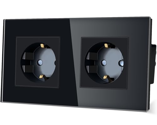 TAWOIA Schuko Steckdose,EU-Standard 2 Fach Steckdose Glas Unterputz Steckdose,Steckdosen mit Kristall Glas Platte Doppel Wandsteckdosen Schwarz 86 * 157mm von TAWOIA