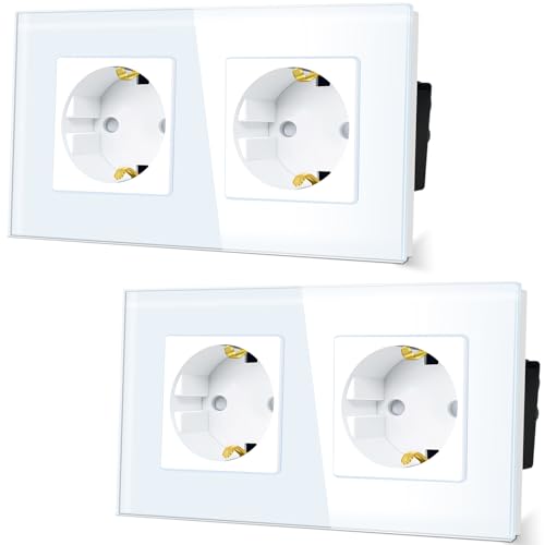 TAWOIA Schuko Steckdose,EU-Standard 2 Fach Steckdose Glas Unterputz Steckdose,Steckdosen mit Kristall Glas Platte Doppel Wandsteckdosen Weiß 86 * 157mm 2er-Pack von TAWOIA