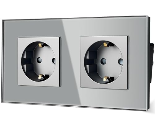 TAWOIA Schuko Steckdose,EU-Standard 2 Fach Steckdose Glas Unterputz Steckdose,Steckdosen mit Kristall Glas Platte Doppelsteckdose Grau 86 * 157mm von TAWOIA