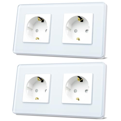 TAWOIA Schuko Steckdose, EU-Standard 2 Fach Unterputz Mit 2,5D Curved Glas Platte, Wandsteckdosen Weiß 86 * 157mm 2er-Pack von TAWOIA