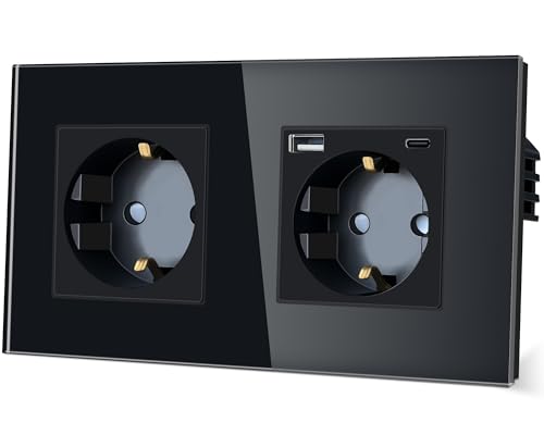 TAWOIA Schuko Steckdose,EU-Standard 2 Fach Steckdose mit USB Type C (MAX 20W) Schnelllade Schnittstelle Steckdose mit Kristall Glas Platte Doppelsteckdose Schwarz 86 * 157mm von TAWOIA