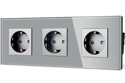 TAWOIA Schuko Steckdose, EU-Standard 3 Fach Glas Unterputz Steckdose 16Amp 250 V, Wandsteckdose mit Kristallglasplatte Grau 86×288mm von TAWOIA