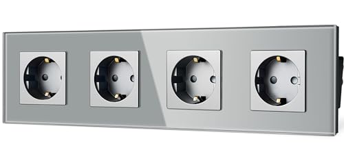 TAWOIA Schuko Steckdose,EU-Standard 4 Fach Steckdose Glas Unterputz Steckdose,Steckdosen mit Kristall Glas Platte 4er Wandsteckdosen Grau 86 * 299mm von TAWOIA