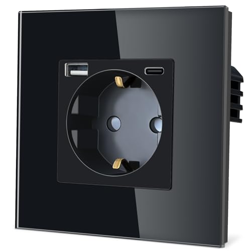 TAWOIA Schuko Steckdose mit USB C 20W, EU-Standard 1 Fach Unterputz Steckdose mit Kristall Glas Platte Wandsteckdosen Schwarz 86 * 86mm von TAWOIA