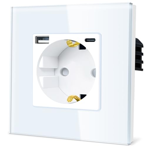 TAWOIA Schuko Steckdose mit USB Type C (MAX 20W) Schnelllade Schnittstelle,EU-Standard 1 Fach Steckdosen mit Kristall Glas Platte Wandsteckdosen Weiß 86 * 86mm von TAWOIA