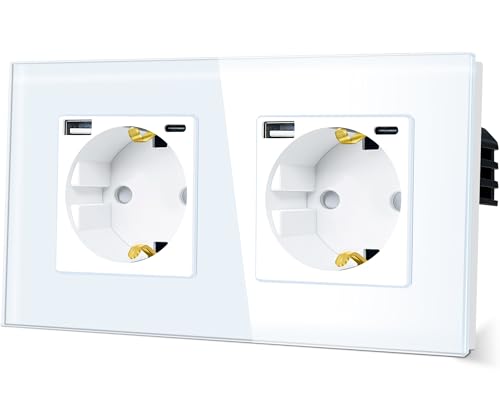 TAWOIA Schuko Steckdose mit USB Type C (MAX 20W) Schnelllade Schnittstelle,EU-Standard 2 Fach Steckdosen mit Kristall Glas Platte Doppel Wandsteckdosen Weiß 86 * 157mm von TAWOIA
