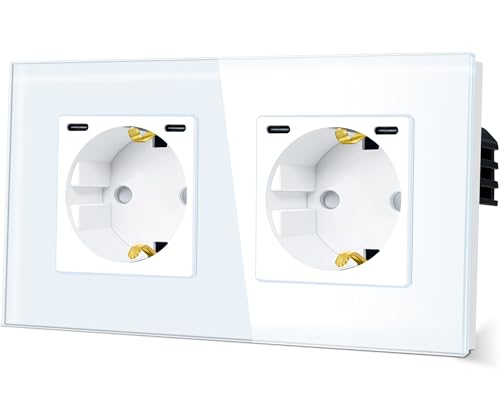 TAWOIA Schuko Steckdose mit C 20W, EU-Standard 2 Fach Unterputz Steckdosen mit Kristall Glas Platte Doppel Wandsteckdosen Weiß 86 * 157mm von TAWOIA