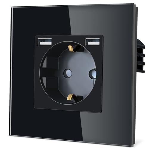 TAWOIA Schuko Steckdose mit USB（MAX 2,4A),EU-Standard 1 Fach Steckdosen mit Kristall Glas Platte Wandsteckdosen Schwarz 86 * 86mm von TAWOIA