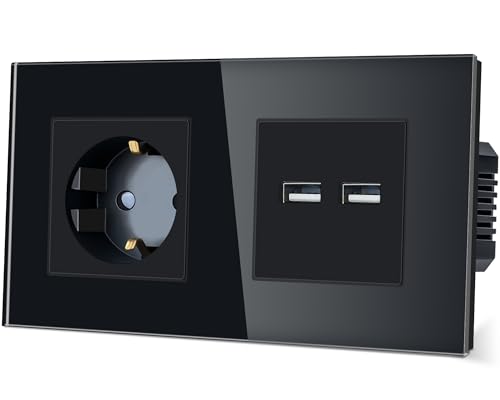 TAWOIA Schuko Wandsteckdose,1 Fach mit Doppelter USB 5V x 3,1A (Max 15W), Kristallglas Rahmen Unterputzdose,Steckdose für,16 A,Steckdose mit USB Schwarz,86 * 157 mm von TAWOIA
