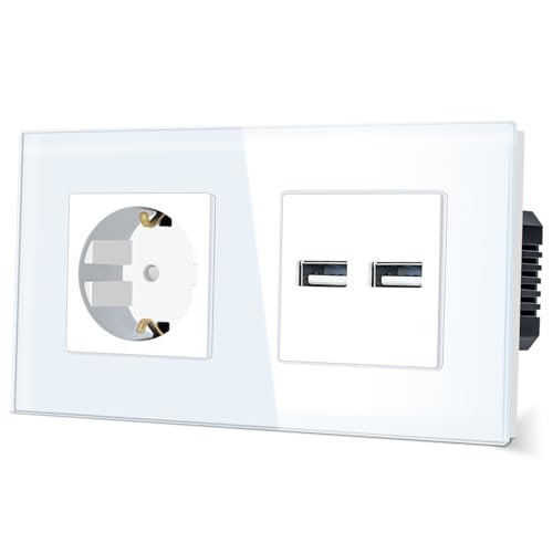 TAWOIA Schuko Wandsteckdose,1 Fach mit Doppelter USB 5V x 3,1A (Max 15W）,Kristallglas Rahmen Unterputzdose,Steckdose für,16 A,Steckdose mit USB Weiß,86 * 157 mm von TAWOIA