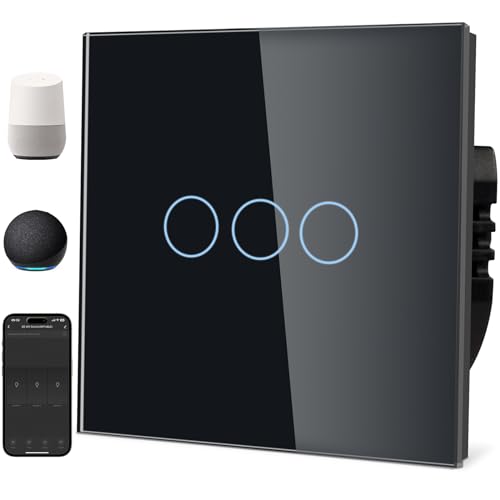 TAWOIA Smart Alexa Lichtschalter (Neutralleiter erforderlich), Wlan Lichtschalter mit Glasscheibe, Sprachsteuerung für Alexa, kompatibel mit Smart Life und Tuya App 3Fach 1Weg Schwarz von TAWOIA