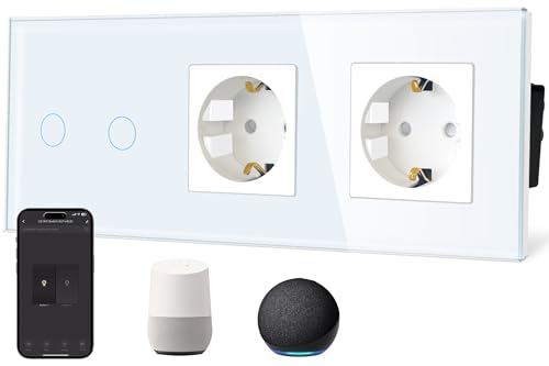 TAWOIA Smart Wlan Touch Lichtschalter(Neutralleiter erforderlich) mit Dual Normaler Steckdose Glasscheibe,Alexa und Google Home Sprachsteuerung,Work mit Smart Life und Tuya APP, 2Fach 1Weg Weiß von TAWOIA