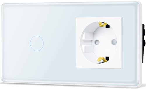 TAWOIA Touch Lichtschalter mit Steckdose,EU Standard 1 Fach Steckdose 1 Fach 1 Wege Unterputz Lichtschalter mit 2.5D Curved Glas Platte 86 * 157mm Weiß von TAWOIA