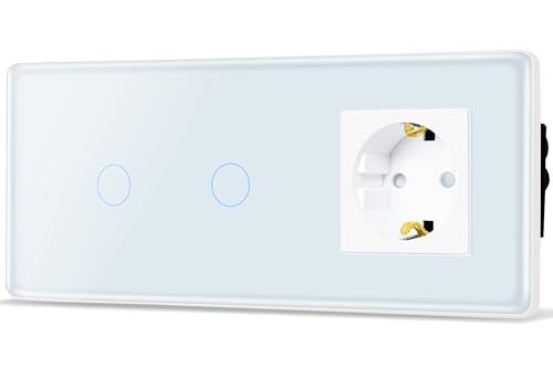 TAWOIA Touch Lichtschalter mit Steckdose,EU Standard 1 Fach Steckdose 1 Fach 1 Wege mit 1 Fach 1 Wege Unterputz Lichtschalter mit 2.5D Curved Glas Platte 86 * 228mm Weiß von TAWOIA