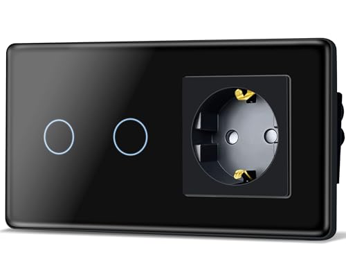 TAWOIA Touch Lichtschalter mit Steckdose,EU Standard 1 Fach Steckdose 2 Fach 1 Wege Unterputz Lichtschalter mit 2.5D Curved Glas Platte 86 * 157mm Schwarz von TAWOIA