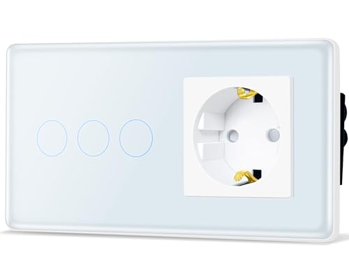 TAWOIA Touch Lichtschalter mit Steckdose,EU Standard 1 Fach Steckdose 3 Fach 1 Wege Unterputz Lichtschalter mit 2.5D Curved Glas Platte 86 * 157mm Weiß von TAWOIA