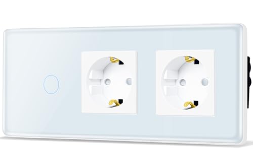 TAWOIA Touch Lichtschalter mit Steckdose,EU Standard 2 Fach Steckdose 1 Fach 1 Wege Unterputz Lichtschalter mit 2.5D Curved Glas Platte 86 * 228mm Weiß von TAWOIA