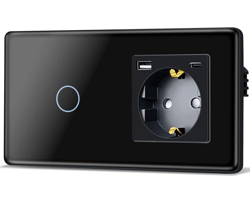 TAWOIA Touch Lichtschalter mit Steckdose mit（MAX.20W) USB and Type C, EU Standard 1 Fach Steckdose 1 Fach 1 Wege Unterputz Lichtschalter mit 2.5D Curved Glas Platte 86 * 157mm Schwarz von TAWOIA