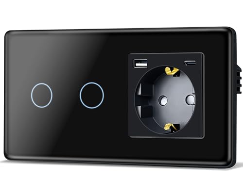TAWOIA Touch Lichtschalter mit Steckdose mit（MAX.20W) USB and Type C, EU Standard 1 Fach Steckdose 2 Fach 1 Wege Unterputz Lichtschalter mit 2.5D Curved Glas Platte 86 * 157mm Schwarz von TAWOIA