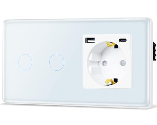 TAWOIA Touch Lichtschalter mit Steckdose mit（MAX.20W) USB and Type C, EU Standard 1 Fach Steckdose 2 Fach 1 Wege Unterputz Lichtschalter mit 2.5D Curved Glas Platte 86 * 157mm Weiß von TAWOIA